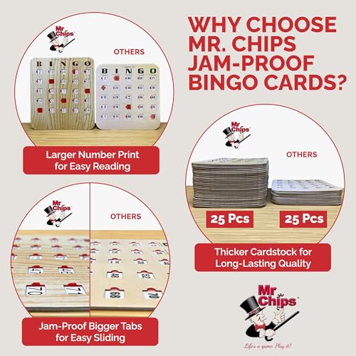 MR CHIPS Jam-Proof Bingo Cards with Sliding Windows, 25 Reusable Shutter Cards, 75 Calling Cards 1 Master Board in Tan Woodgrain Style - Image 2