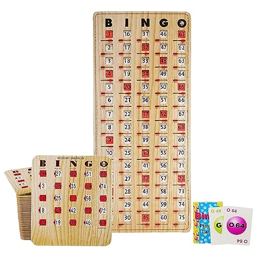MR CHIPS Jam-Proof Bingo Cards with Sliding Windows, 25 Reusable Shutter Cards, 75 Calling Cards 1 Master Board in Tan Woodgrain Style - Image 1