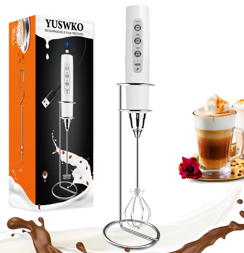 YUSWKO White Handheld Milk Frother Wand with Stand for Coffee Rechargeable Electric Whisk with 3 Heads 3 Speeds Drink Mixer Coffee Frother For Latte Cappuccino Hot Chocolate Egg