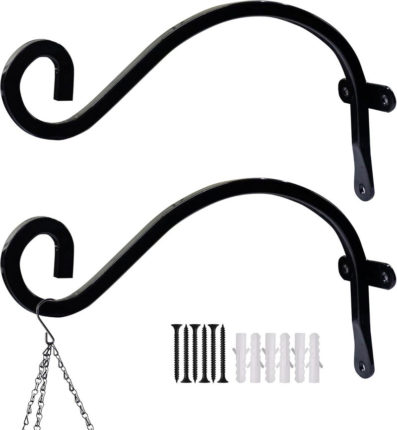 Hourleey 2 Pack Plant Hanger Outdoor, 8 Inch Heavy-Duty Hanging Plant Hook for Outside Basket, Black Metal Wall Mount Plant Bracket Hook for Flower Baskets Bird Feeder - Image 1