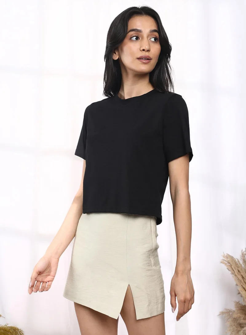 Pinacolada  Women's Midnight Black Solid Regular Fit T-Shirt for Women | Best Price UAE