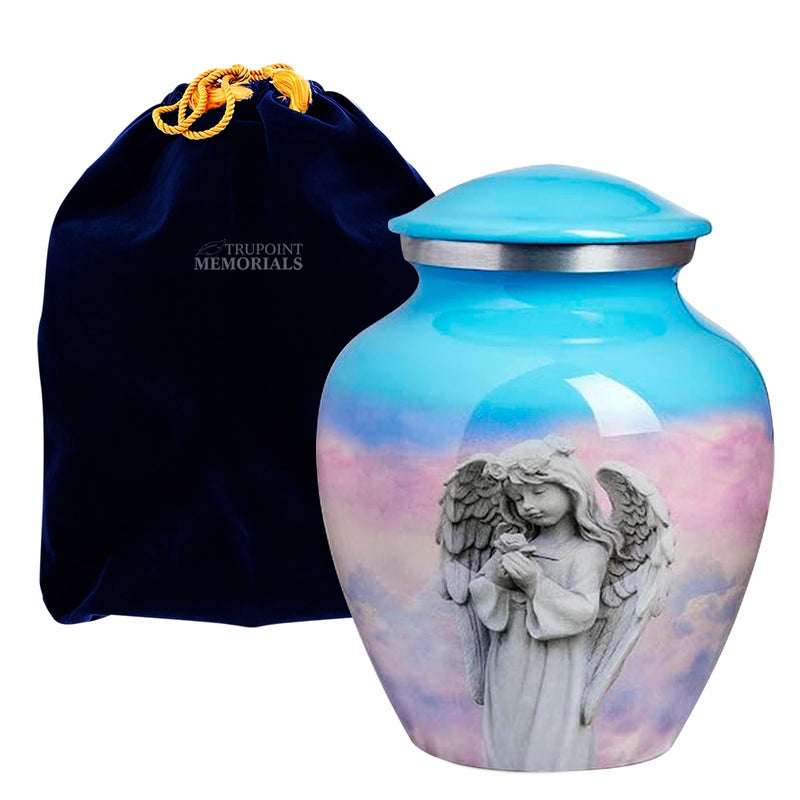 Trupoint Memorials Cremation Urns for Human Ashes Handcrafted Baby Urn for Moms Who Lost Their Child  Medium Pink  Blue Angel Design