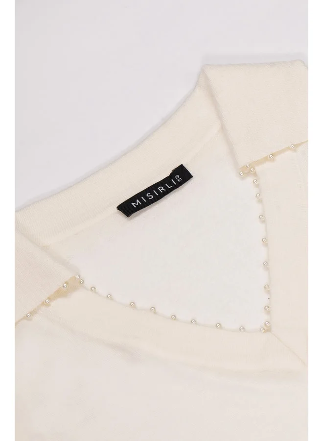 Mısırlı 1951 Beige-Trimmed Women's Sweater with Pearl Details