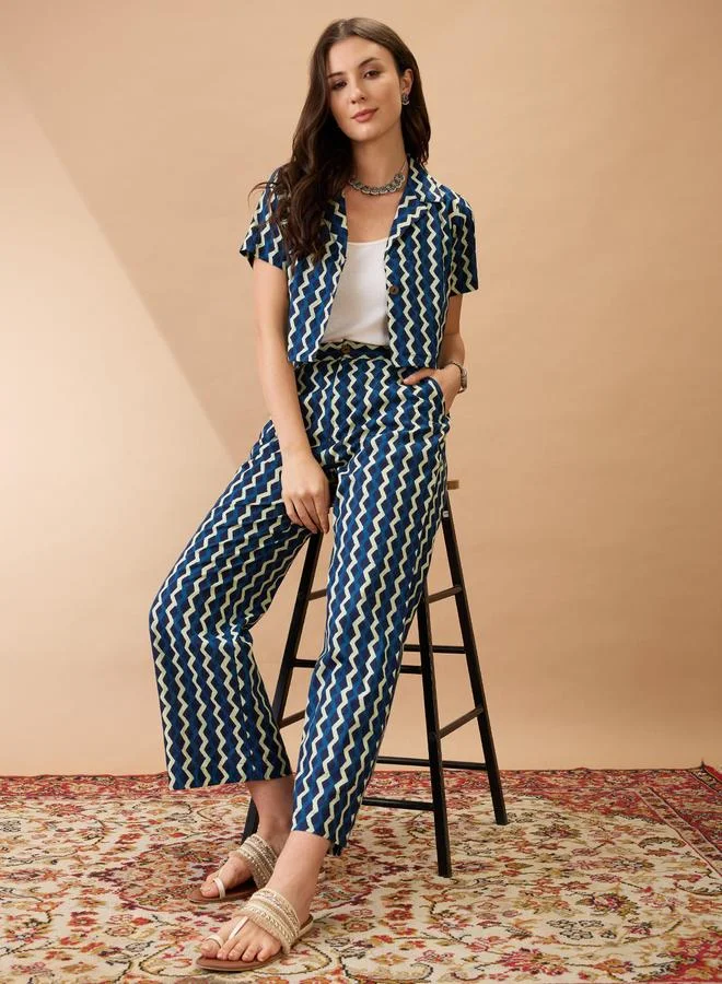 globus Globus Blue Chevron Print Crop Shirt and Pants Co-Ords