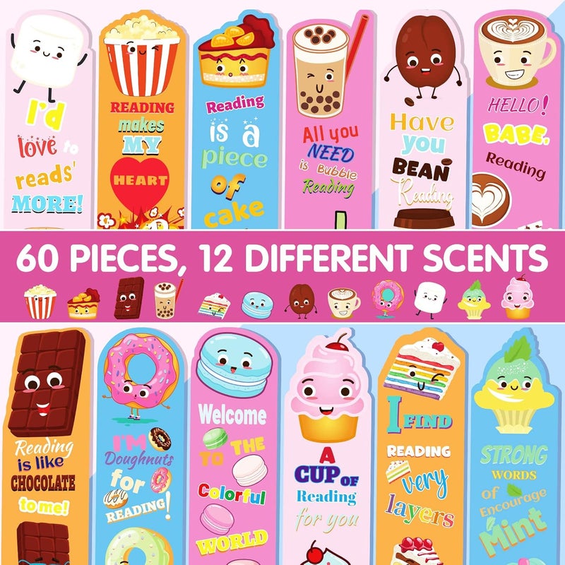 Fainne 60 Pieces Dessert Scented Bookmarks Kids Bulk Scratch and Sniff Smelly Classroom Cute Back to School Bookmarks Gift Stuff for Students Christmas End of Year Graduation Birthday Gift Favor - Image 3