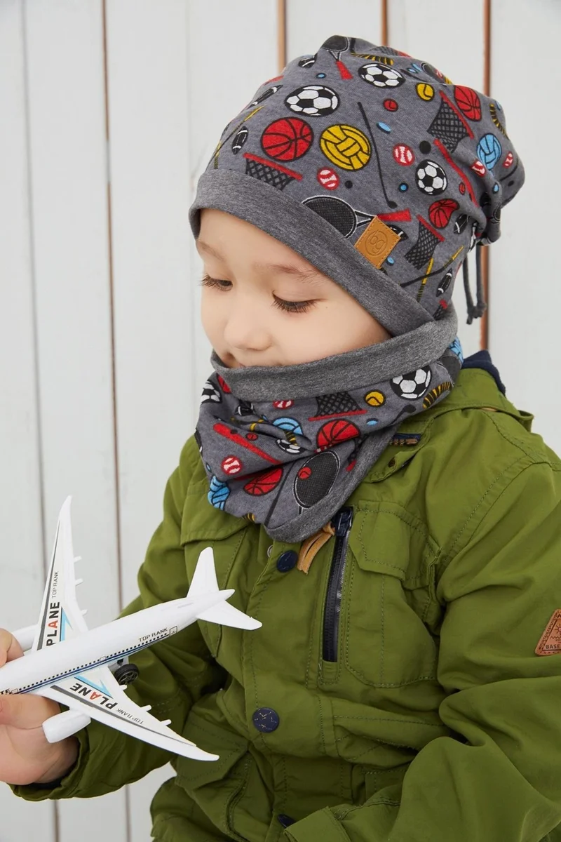 Babygiz Smoked Boy's Sports Beanie Neck Collar Set Soft Double Layer 100% Natural Cotton Combed Cotton