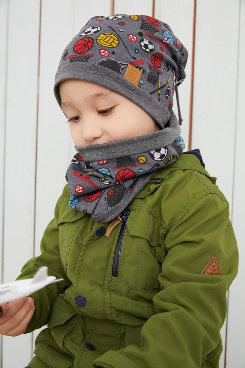 Babygiz Smoked Boy's Sports Beanie Neck Collar Set Soft Double Layer 100% Natural Cotton Combed Cotton