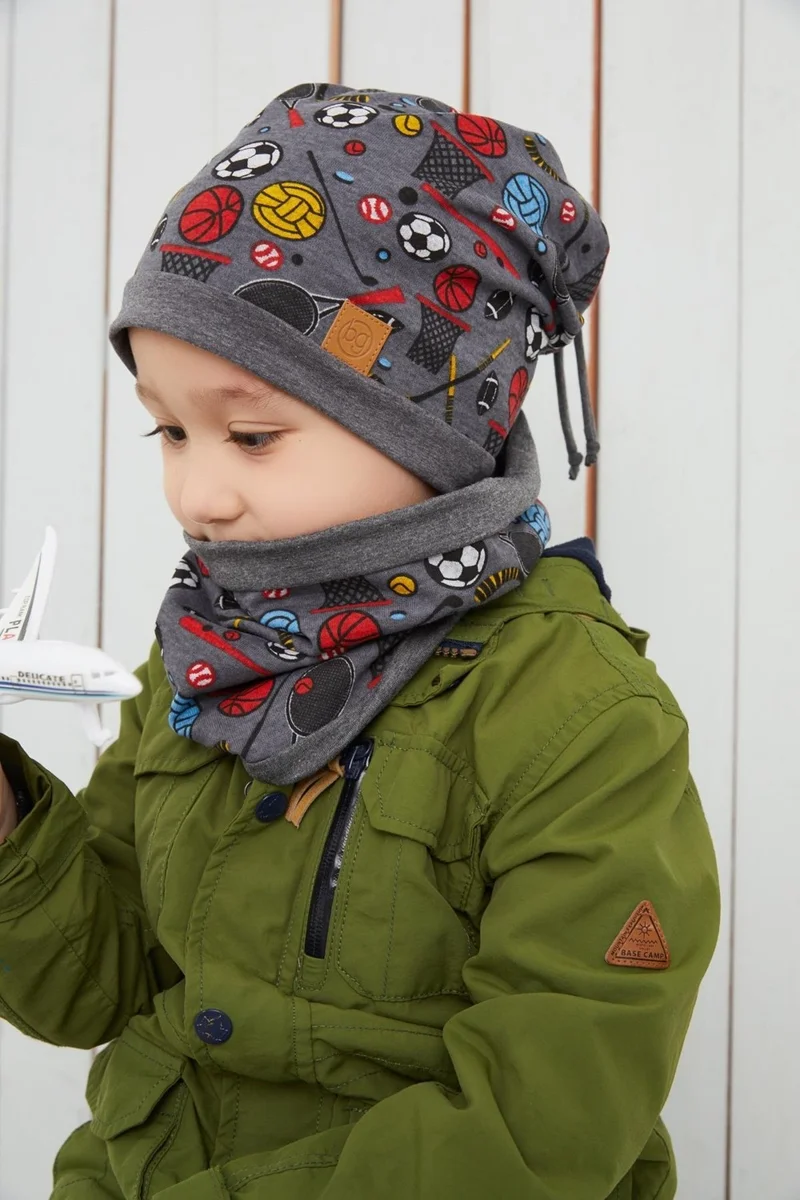 Babygiz Smoked Boy's Sports Beanie Neck Collar Set Soft Double Layer 100% Natural Cotton Combed Cotton