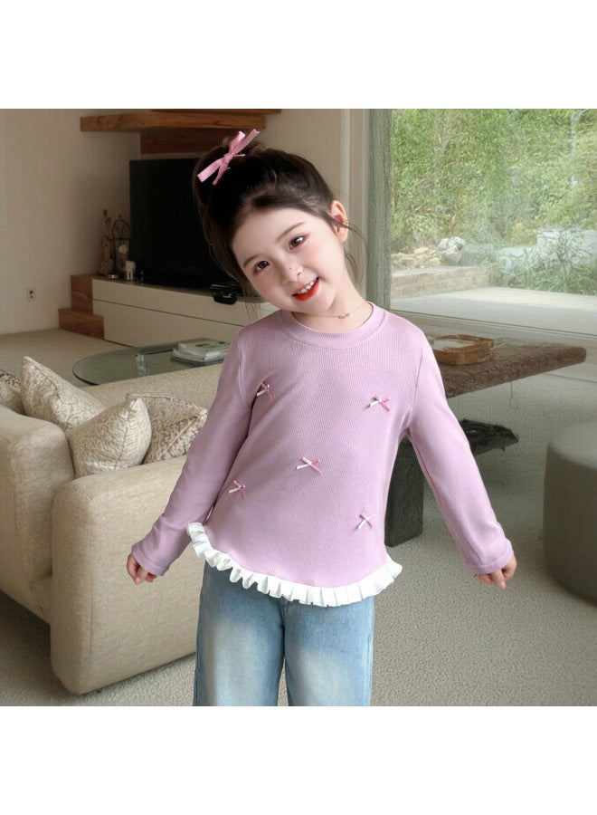 Spring And Autumn New Style Children's Long-sleeved Bottoming Shirts Fashionable Korean Style Tops Easiest For Match Girls' Bow T-shirts