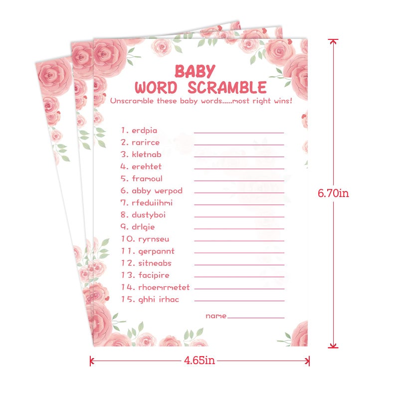 OLOUTAB 50 Baby Shower Games for Girl - Floral Theme Word Scramble, Thick Cardstock, Fun and Easy to Play (With Answer) - Image 3
