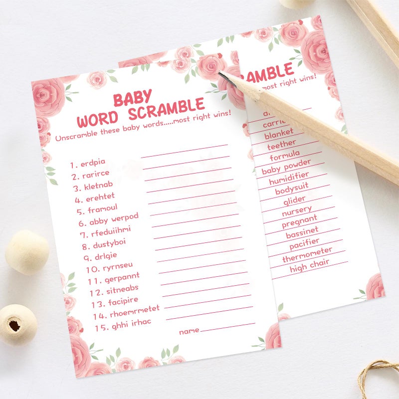 OLOUTAB 50 Baby Shower Games for Girl - Floral Theme Word Scramble, Thick Cardstock, Fun and Easy to Play (With Answer) - Image 5