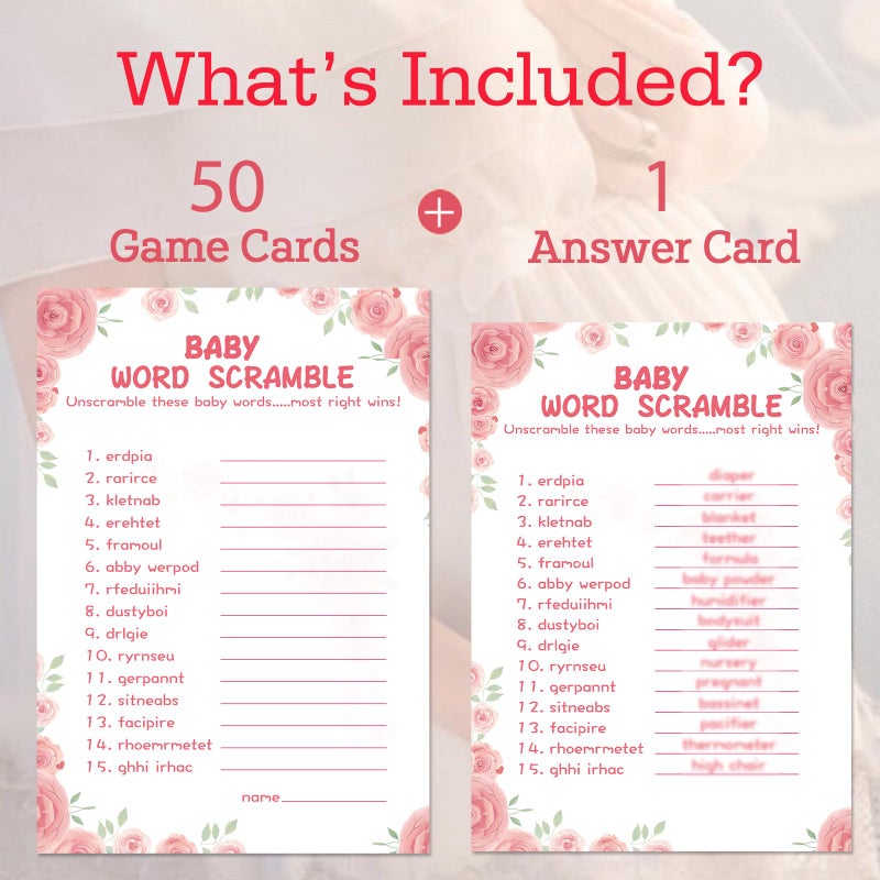 OLOUTAB 50 Baby Shower Games for Girl - Floral Theme Word Scramble, Thick Cardstock, Fun and Easy to Play (With Answer) - Image 2