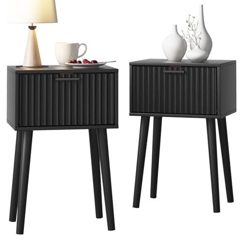 LAATOOREE Nightstands Set of 2 Small Side Table Bedside Table with Fluted Door Solid Wood Feet Modern MidCentury End Table for Bedroom Small Space Black
