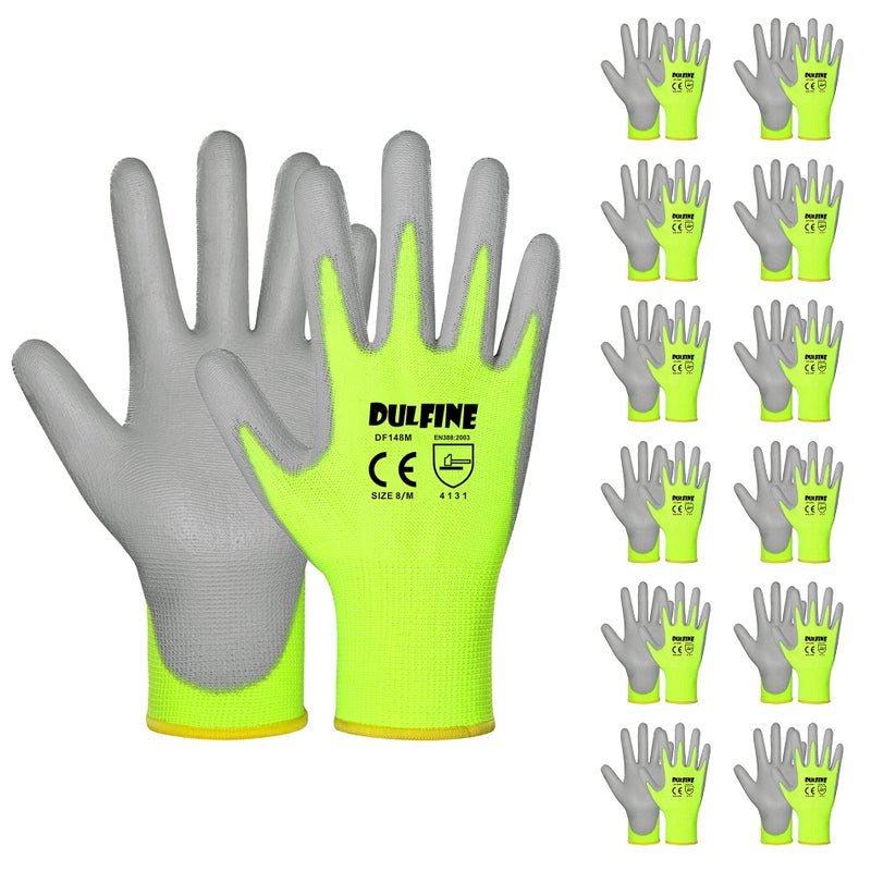 DULFINE Safety Work Gloves for Men PU Coated 12 Pairs Bulk Pack,Hi-Vis Yellow Seamless Knit Glove with thin Polyurethane Coated Smooth Grip on Palm & Fingers, Ideal for General Duty Work (Large) - Image 1