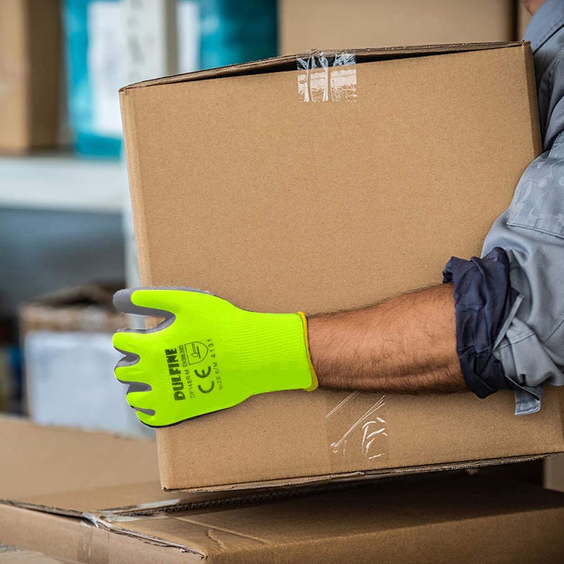 DULFINE Safety Work Gloves for Men PU Coated 12 Pairs Bulk Pack,Hi-Vis Yellow Seamless Knit Glove with thin Polyurethane Coated Smooth Grip on Palm & Fingers, Ideal for General Duty Work (Large) - Image 3