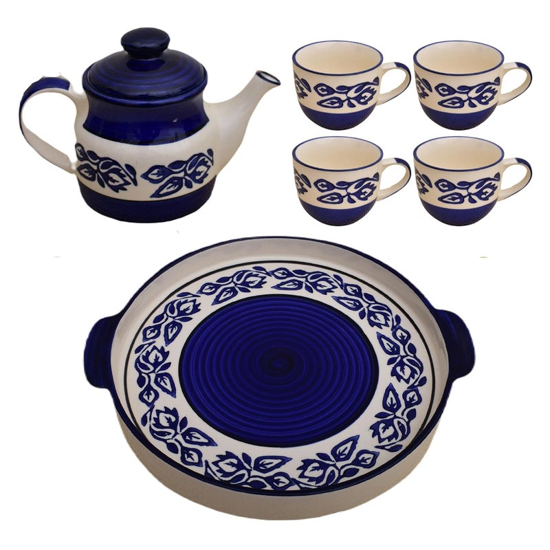 KunhaR Ceramic Morning Set Blue Flower 1 Tray 4 Cups 150 ml and 1 Teapot 650 ml - Image 1