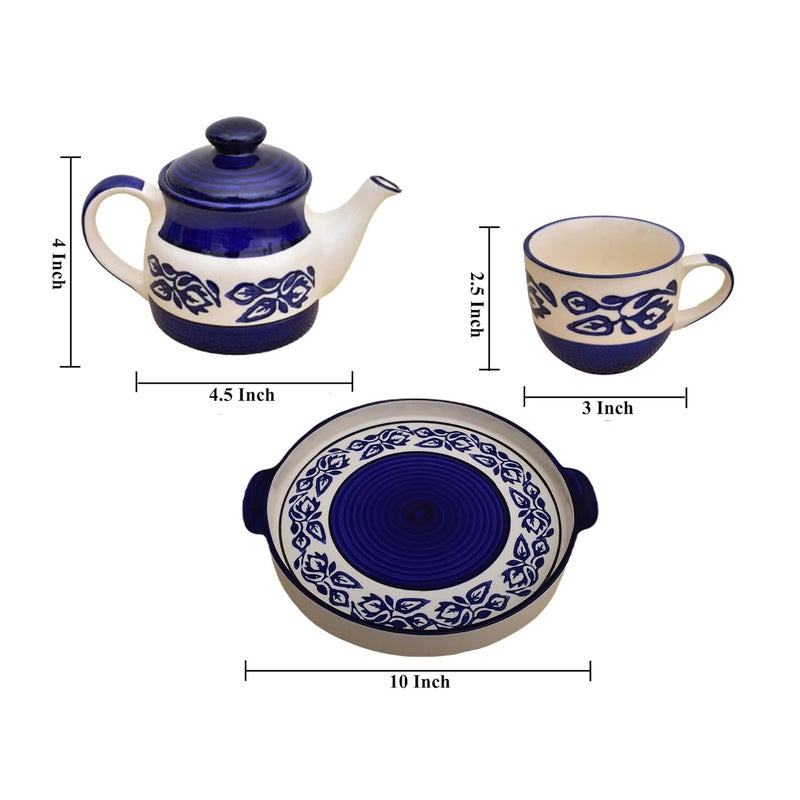 KunhaR Ceramic Morning Set Blue Flower 1 Tray 4 Cups 150 ml and 1 Teapot 650 ml - Image 2