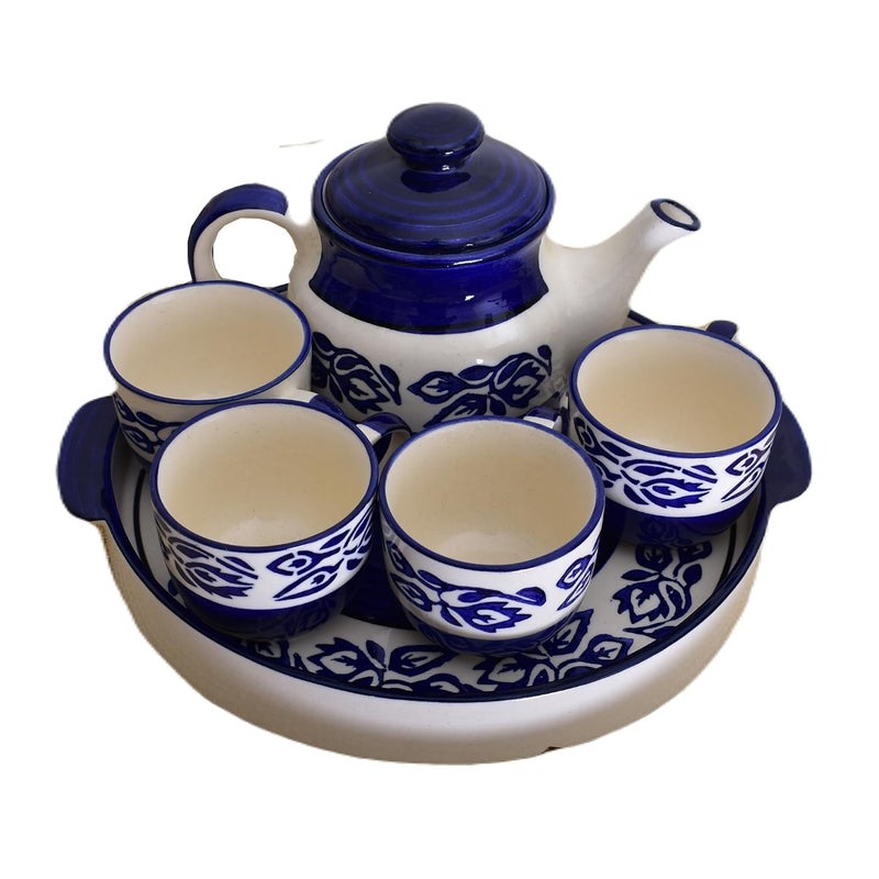 KunhaR Ceramic Morning Set Blue Flower 1 Tray 4 Cups 150 ml and 1 Teapot 650 ml - Image 3