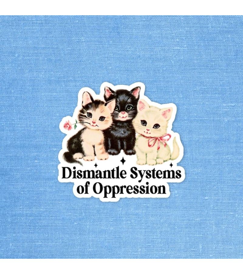 Dismantle Systems Of Oppression Pvc Social Justice Sticker Laptop Retro Cat - Image 1