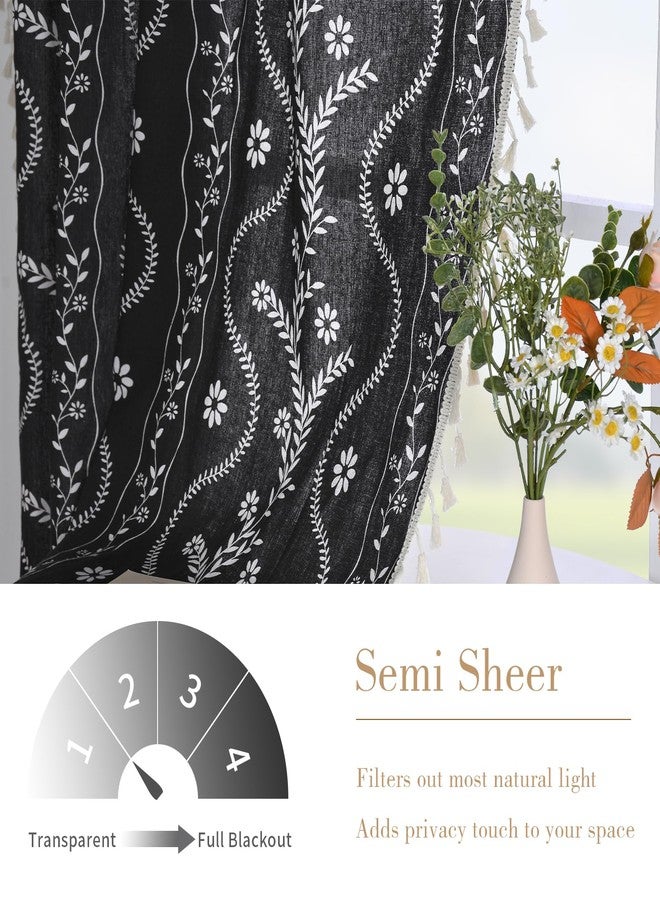 Schweek Boho Curtains 84 Inch Length Farmhouse Curtains for Living Room 2 Panels, Linen Semi Sheer Vintage Farmhouse Printed Floral Rustic Drapes Black - Image 3