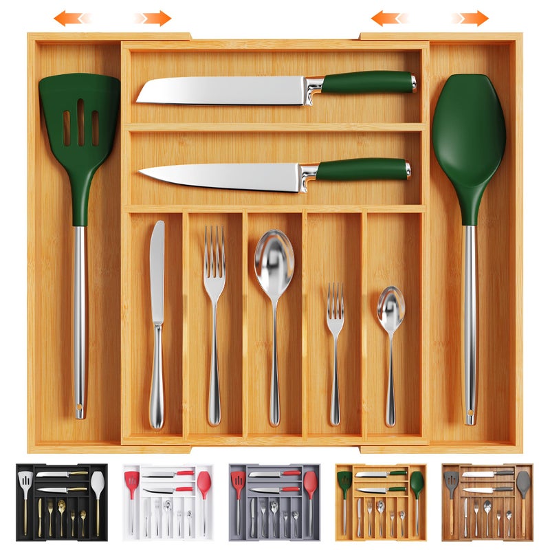 Bellsal Large Premium Bamboo Silverware Organizer - Expandable Utensil Drawer Organizer - 17"x19.6" Utensil Holder and Cutlery Tray with Grooved for Kitchen Flatware and Utensils Mother's Day Gift - Image 1