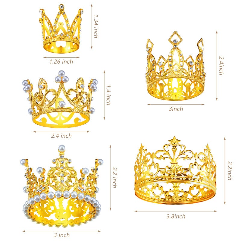 Maitys 10 Pieces Crown Cake Topper Birthday Mini Crown Pearl Crystal Tiara Vintage Small Metal Decorations for Wedding Birthday Baby Shower Party, 5 Styles (Gold) - Image 2