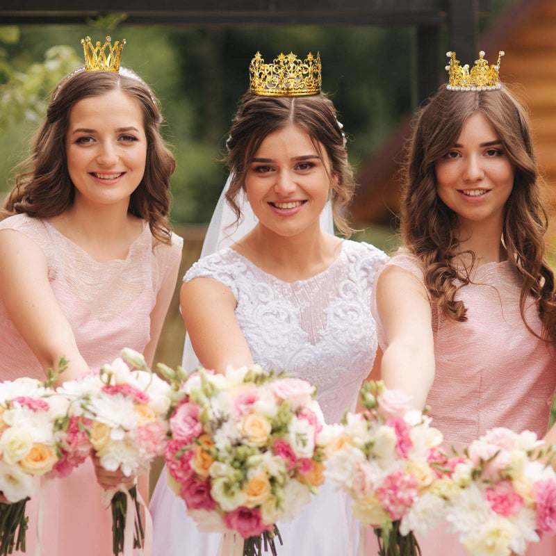 Maitys 10 Pieces Crown Cake Topper Birthday Mini Crown Pearl Crystal Tiara Vintage Small Metal Decorations for Wedding Birthday Baby Shower Party, 5 Styles (Gold) - Image 4