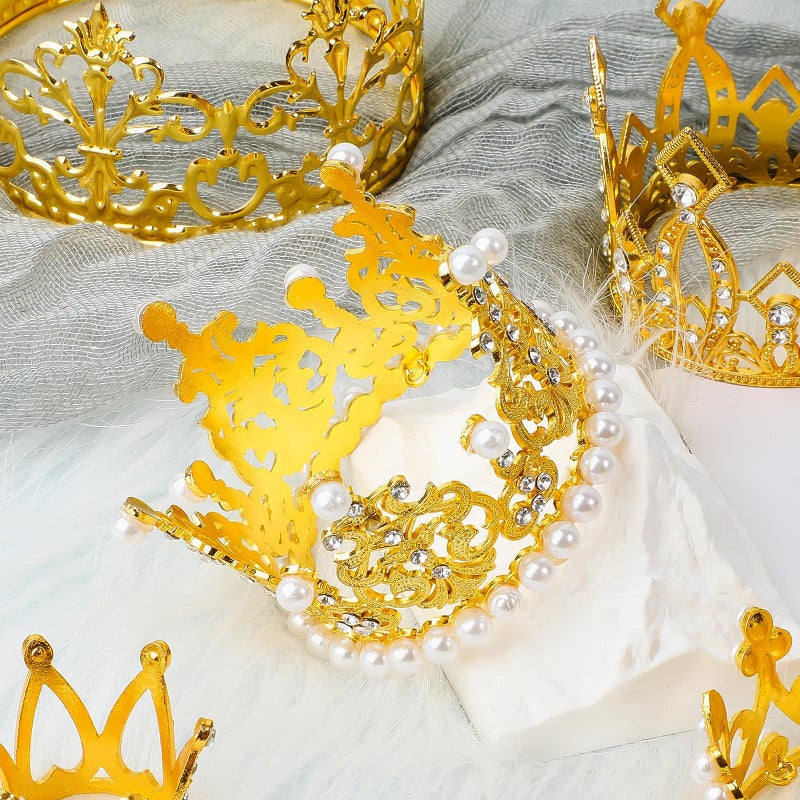 Maitys 10 Pieces Crown Cake Topper Birthday Mini Crown Pearl Crystal Tiara Vintage Small Metal Decorations for Wedding Birthday Baby Shower Party, 5 Styles (Gold) - Image 3