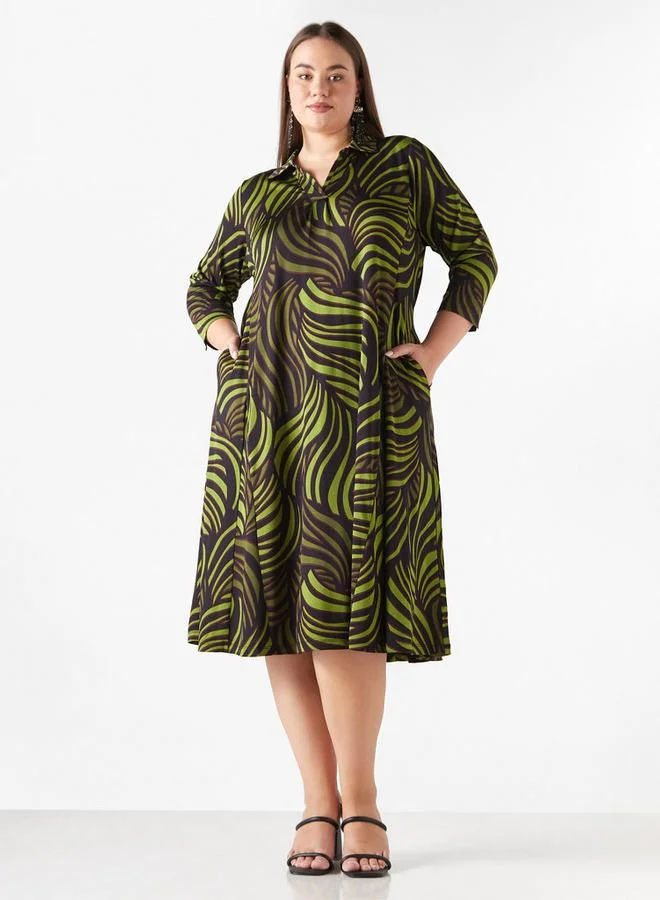 Ulla Popken Plus Size Ulla Popken Printed Midi Dress with Pockets