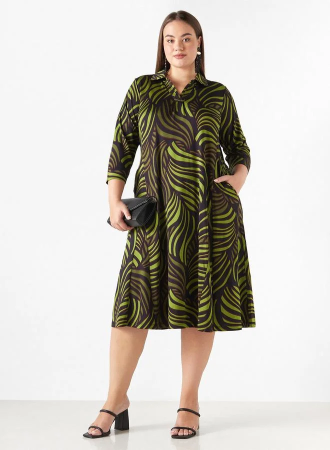 Ulla Popken Plus Size Ulla Popken Printed Midi Dress with Pockets