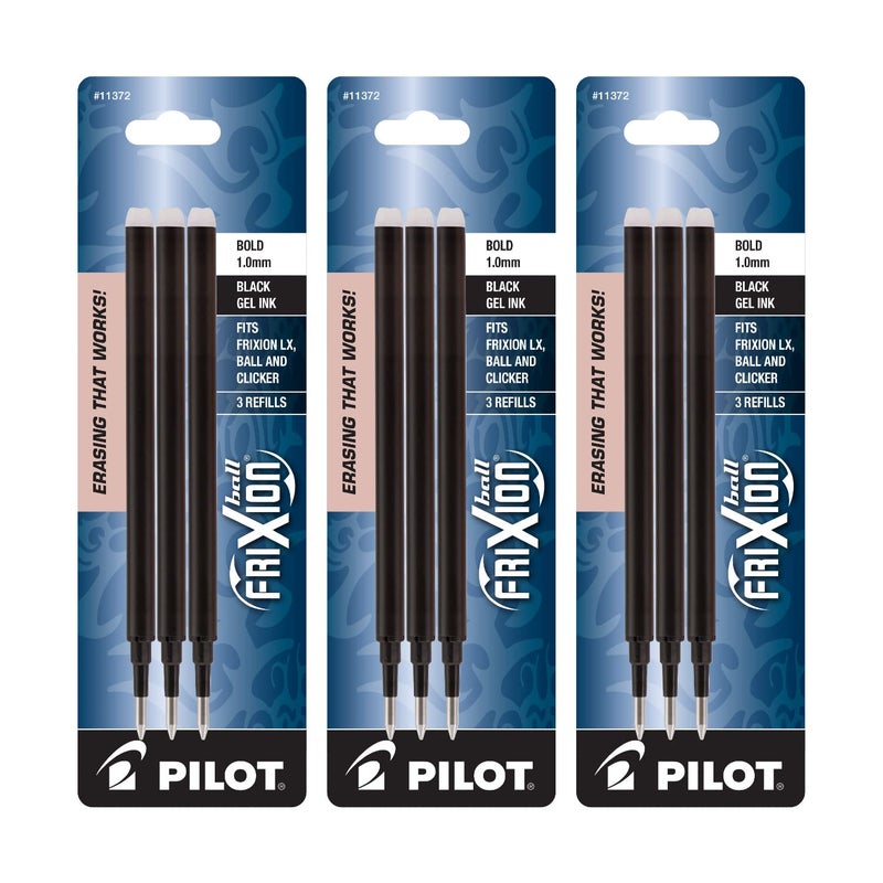PILOT FriXion Erasable Gel Ink Refills, 1.0mm Bold Point, Black Ink, 9 Refills