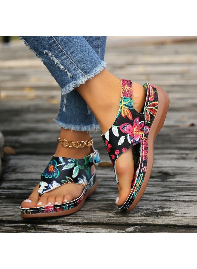 Women's Shoes Large Size Herringbone Sandals For Women  New Ethnic Style Embroidered Flower Back Buckle Wedge Sandals For Women