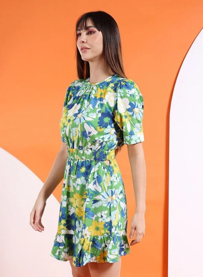 Freehand  Women Fit and Flared Floral Printed Round Neck Short Sleeve Midi Dress for Women | Best Price UAE