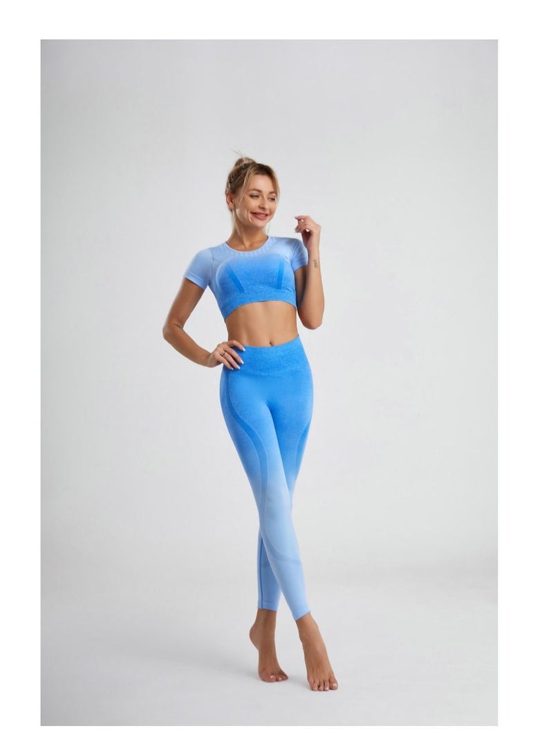 Loquat Women's Fashion Casual Short-sleeved Seamless Suit Gradient Color Tie Dye Printed High Waist Yoga Shorts Tracksuit Sets  - Image 2