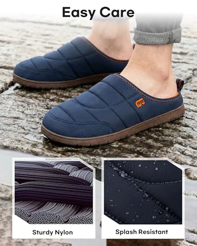 LongBay Mens Slip on Slippers Two-Tone Indoor Outdoor House Shoes Memory Foam Camping Garden Down Clogs Navy Blue,10 - Image 4