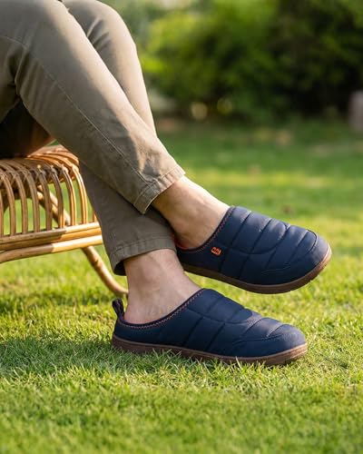 LongBay Mens Slip on Slippers Two-Tone Indoor Outdoor House Shoes Memory Foam Camping Garden Down Clogs Navy Blue,10 - Image 2