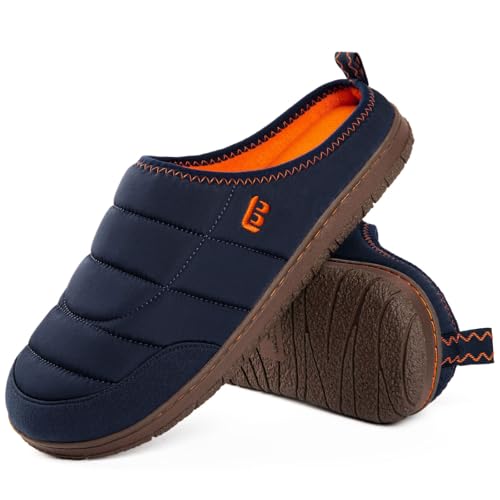 LongBay Mens Slip on Slippers Two-Tone Indoor Outdoor House Shoes Memory Foam Camping Garden Down Clogs Navy Blue,10 - Image 1