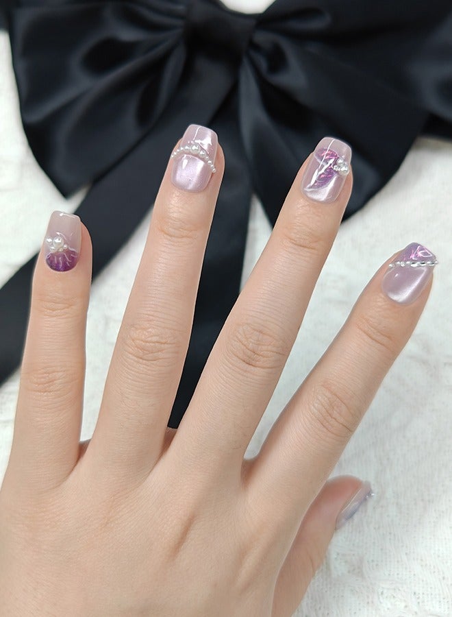 NIBEMINENT Press On Nails Short-Short Trapezium Handmade Cat Eye Soft Gel Cute Fish Tail Fake Nails,Shining&Purple Glitter False Nails,  Glossy Pearl Matal Glue on Nails Kit for Women,Two Sizes M&S,10PCS - Image 5