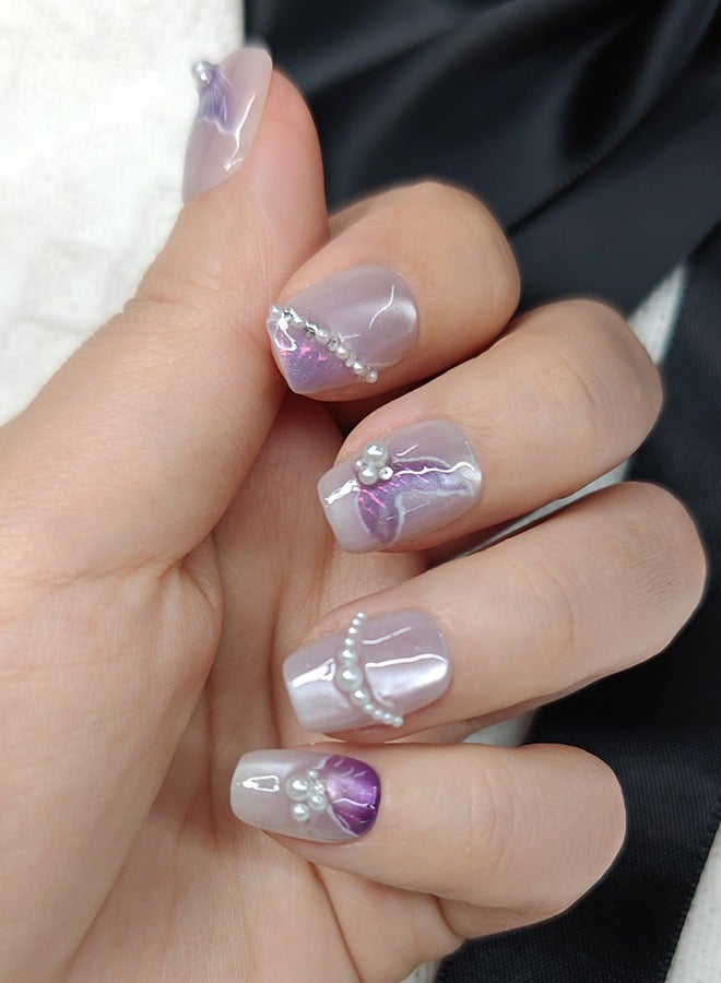 NIBEMINENT Press On Nails Short-Short Trapezium Handmade Cat Eye Soft Gel Cute Fish Tail Fake Nails,Shining&Purple Glitter False Nails,  Glossy Pearl Matal Glue on Nails Kit for Women,Two Sizes M&S,10PCS - Image 3