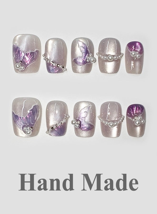 NIBEMINENT Press On Nails Short-Short Trapezium Handmade Cat Eye Soft Gel Cute Fish Tail Fake Nails,Shining&Purple Glitter False Nails,  Glossy Pearl Matal Glue on Nails Kit for Women,Two Sizes M&S,10PCS - Image 1