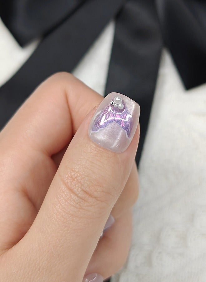 NIBEMINENT Press On Nails Short-Short Trapezium Handmade Cat Eye Soft Gel Cute Fish Tail Fake Nails,Shining&Purple Glitter False Nails,  Glossy Pearl Matal Glue on Nails Kit for Women,Two Sizes M&S,10PCS - Image 2