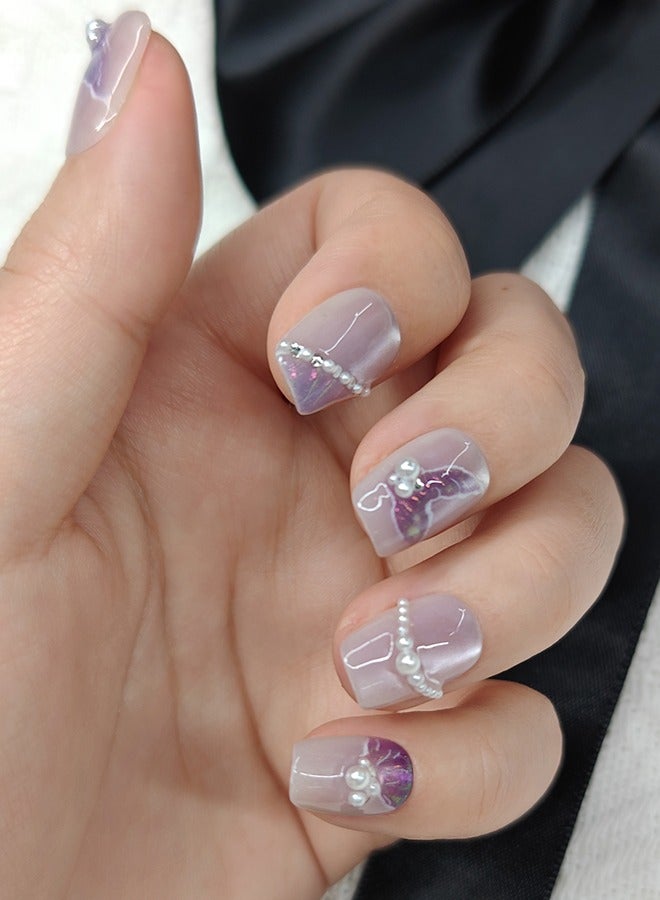 NIBEMINENT Press On Nails Short-Short Trapezium Handmade Cat Eye Soft Gel Cute Fish Tail Fake Nails,Shining&Purple Glitter False Nails,  Glossy Pearl Matal Glue on Nails Kit for Women,Two Sizes M&S,10PCS - Image 4