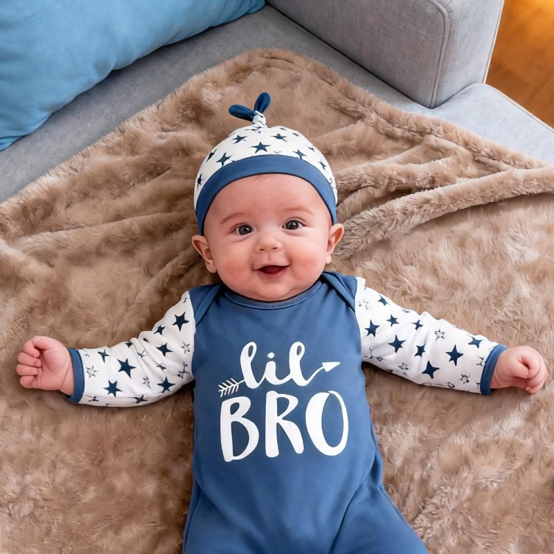 AMAWMW Newborn Baby Boy Little Brother Sleeper Gown Stars Long Sleeve Nightgown Pajamas Gifts Stuff Essential Outfit - Image 2