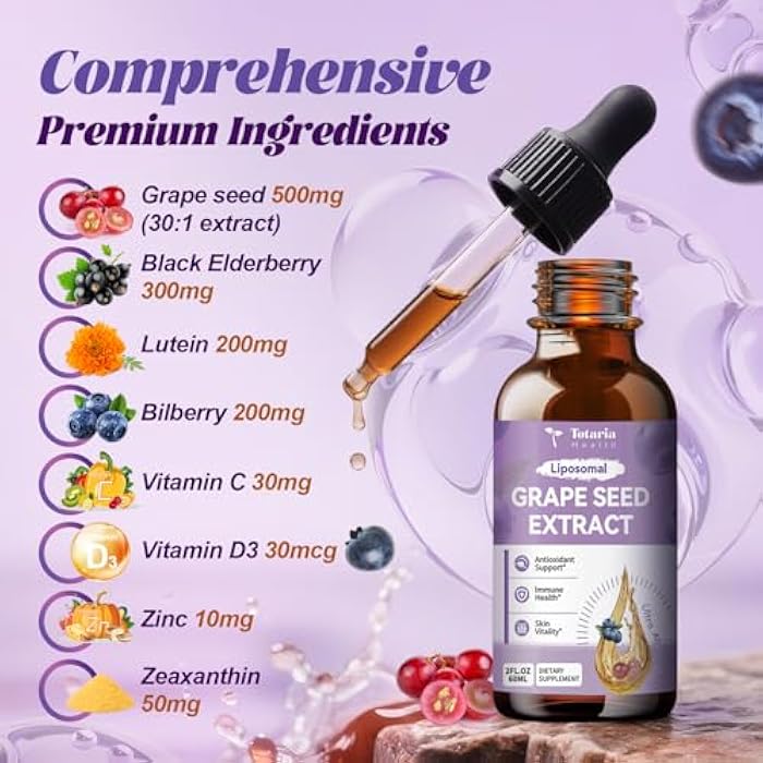 Totaria Grape Seed Extract Liquid Drops | High Potency 95% Polyphenols Antioxidant Supplement for Skin, Heart & Immune Support | Vegan, Gluten Free | Alcohol-Free & Non-GMO | 2FL - Image 2