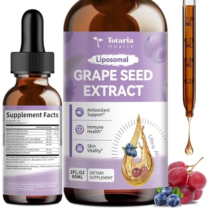 Totaria Grape Seed Extract Liquid Drops | High Potency 95% Polyphenols Antioxidant Supplement for Skin, Heart & Immune Support | Vegan, Gluten Free | Alcohol-Free & Non-GMO | 2FL - Image 1