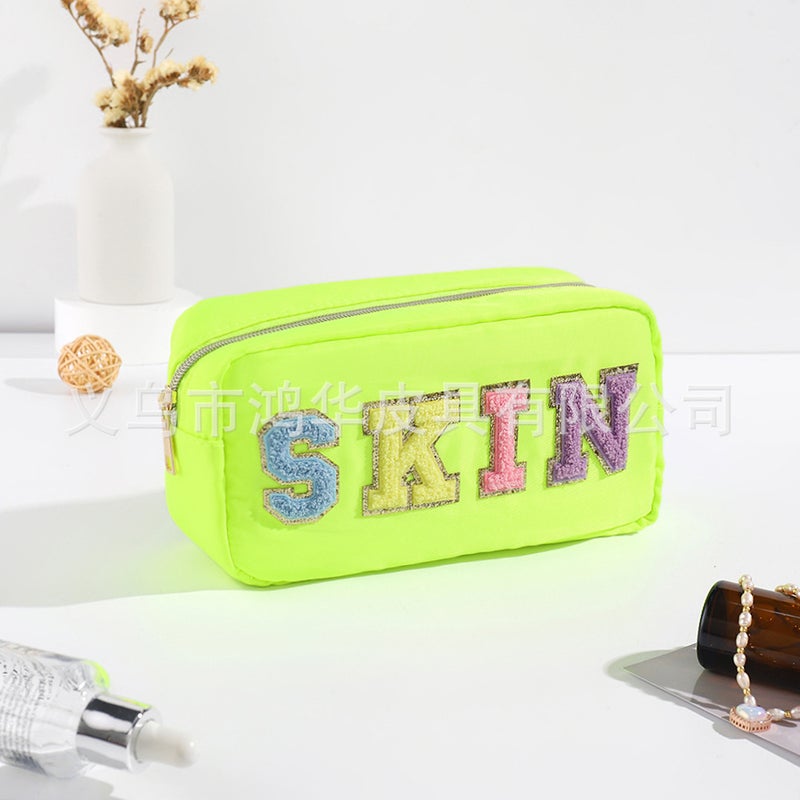 Factory Direct Supply Fashion Solid Color Towel Embroidered Nylon Letter Cosmetic Bag Womens Casual Waterproof Large Capacity Storage BagFluorescent Green (SKIN) Fluorescent Green (SKIN)