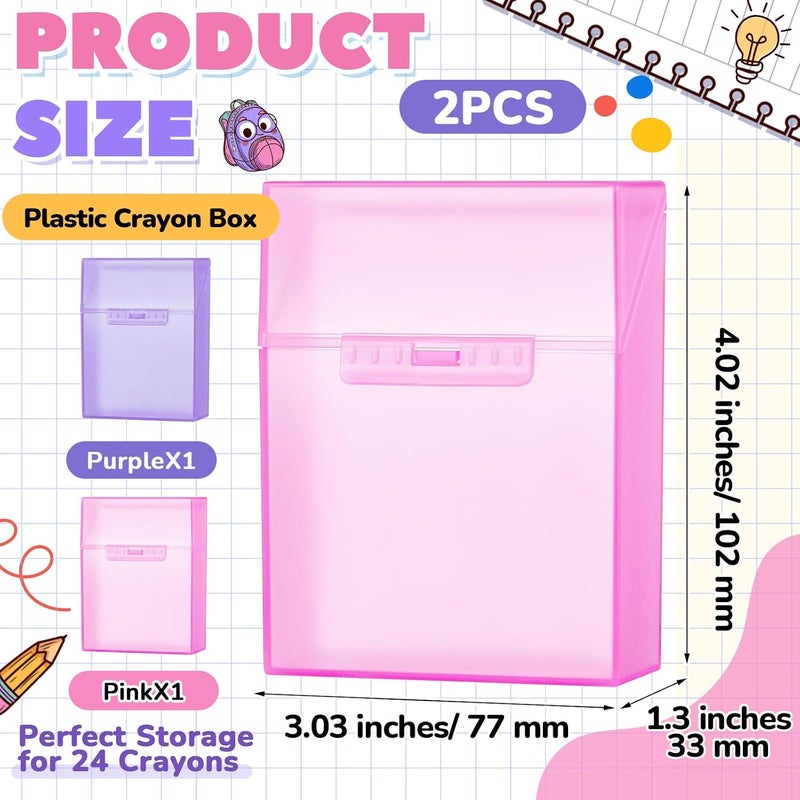 Clabby 2 Pcs Plastic Crayon Organizer Case for 24 Count Crayons Kids Art Supply Storage Box with Lid, Portable Holder for Classroom Home Travel, Fits Standard 24-Pack Crayon (Purple,Pink) - Image 2