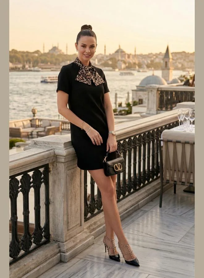 ليلا Lela Scarf Collar Mini Short Sleeve Dress Women's Dress 6525704