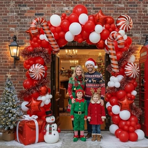 kozee Winter Christmas Red White Balloon Arch Kit with red Tinsel Garland Star Candy Cane Lollipop Gift box foil Balloons for Xmas Christmas New year eve Party Decorations - Image 5
