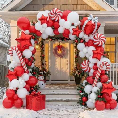 kozee Winter Christmas Red White Balloon Arch Kit with red Tinsel Garland Star Candy Cane Lollipop Gift box foil Balloons for Xmas Christmas New year eve Party Decorations - Image 1